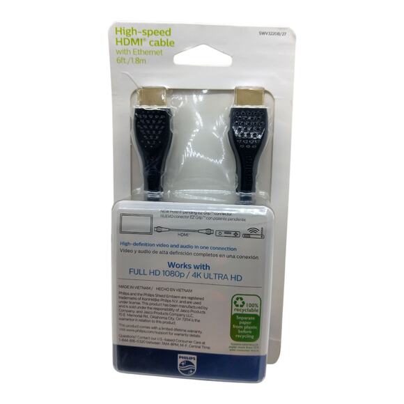 Philips 6Ft/1.8m High-Speed HDMI Cable w/Ethernet HD 1080P & 4K Ultra HD EZGrips - Picture 2 of 2